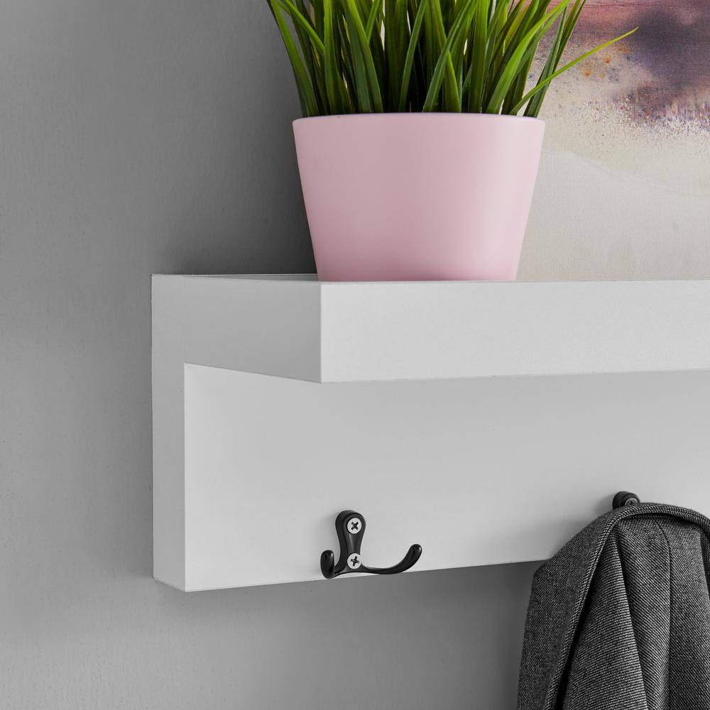 DANYA B 25.625 in. W White MDF Floating Decorative Wall Shelf with Hooks and Top Ledge
