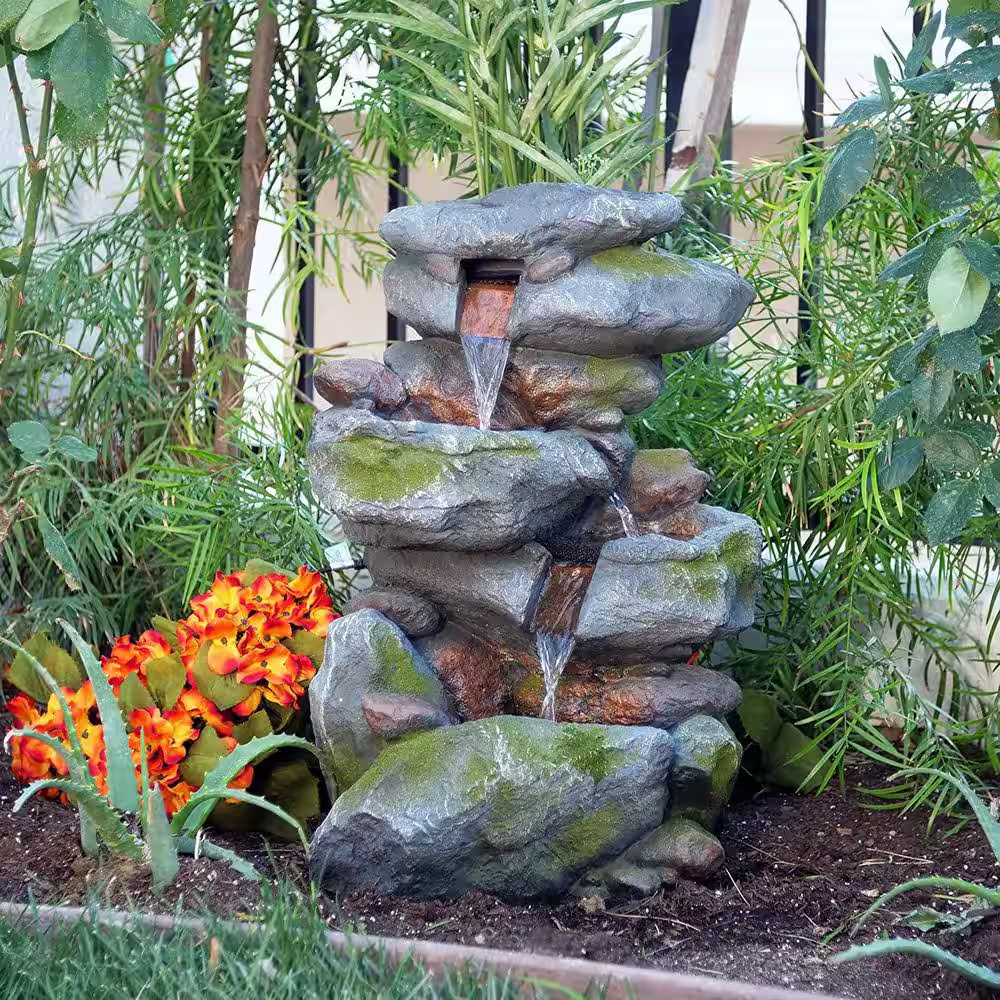 None 22 in. Glass Fiber Polygen High Outdoor 3-Layer Rock Waterfall Fountain-Gray/Beige Color