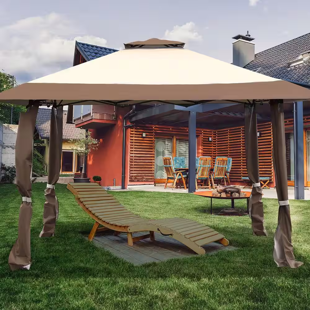 Costway 13 ft. x 13 ft. Brown Gazebo Canopy Shelter Awning Tent Patio Garden Outdoor Companion