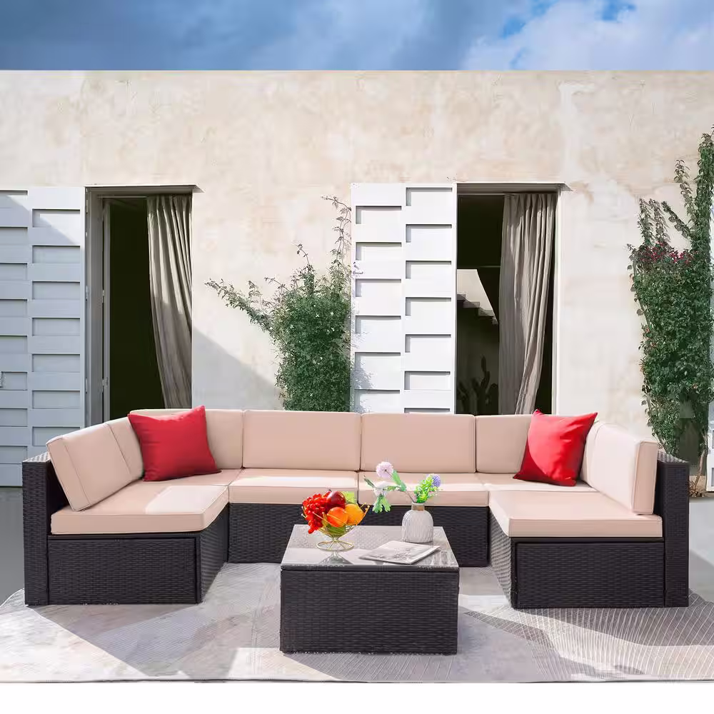 Tozey 7-Pieces PE Rattan Wicker Patio Furniture Sectional Set Outdoor Lawn Conversation Sets with Beige Cushion